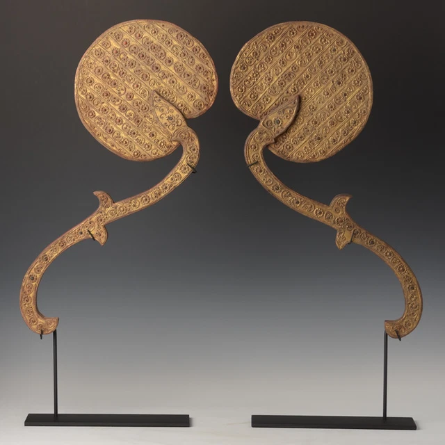 Early 20th Century, A Pair of Burmese Wooden Fans with Gilded Gold and Glass