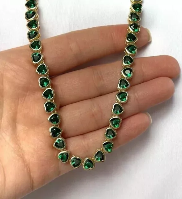 20 Ct Heart Lab-Created Green Emerald Tennis Necklace 14K Yellow Gold Plated