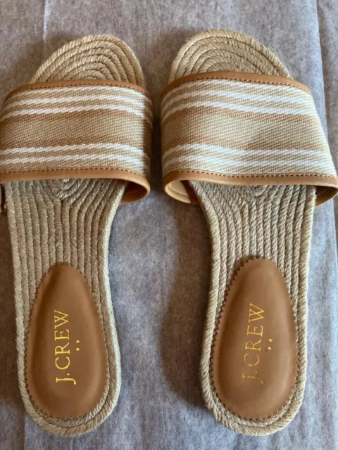 J. Crew Slide Sandals Womens 6 White Tan Espadrille Canvas Stripe Open Toe New