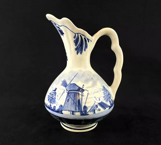 Vintage Delft Porcelain Blue White Small Jug Vase Hand Painted Windmill Holland