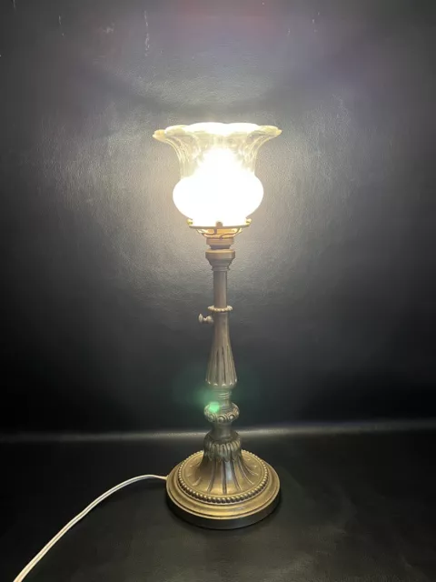 Antike alte Jugendstil Tischlampe Messing~ Bronze Lampe mit Glasschirm 45cm