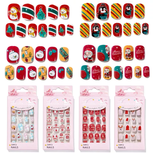 24 piezas/juego niños puntas de uñas postizas dibujos animados Navidad cubierta completa 🙂