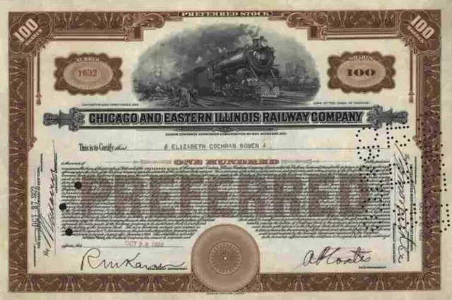 Chicago Eastern Illinois Railroad Indiana 1922 Missouri 100 Shares Einzelstück