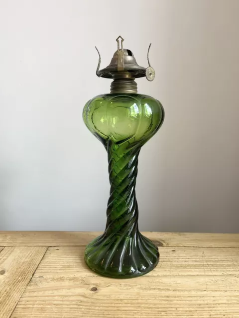 Antique Art Nouveau Green Spiral Glass Oil/Kerosene Table Lamp