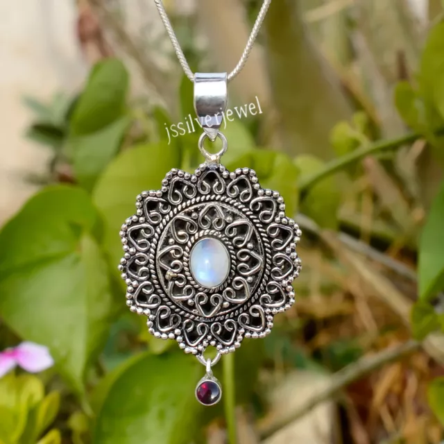 Arc en Ciel Lune & Rouge Gemme Grenat 925 Argent Sterling Femmes Pendentif /