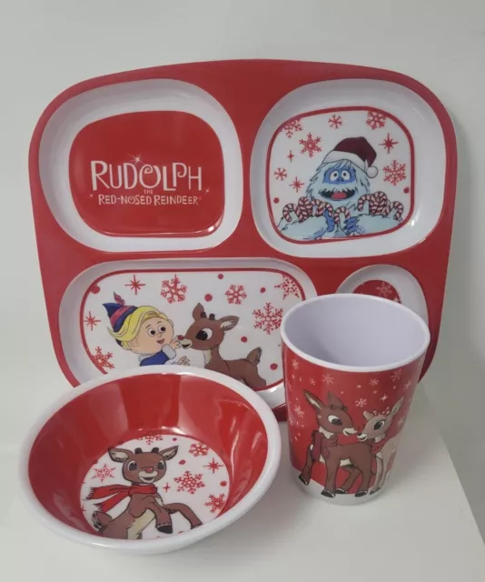 Rudolph The Red Nosed Reindeer Divided Plate Cup, Bowl Melamine Kids Dish Set