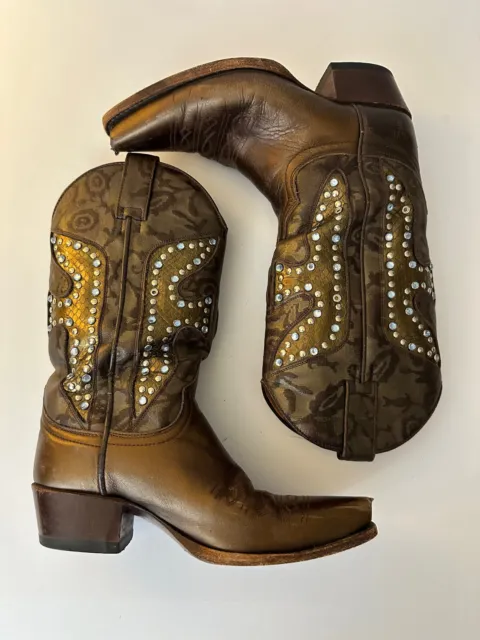Frye Daisy Duke Brown Leather Swarovski Crystal Western Cowgirl Boots Womens 6M