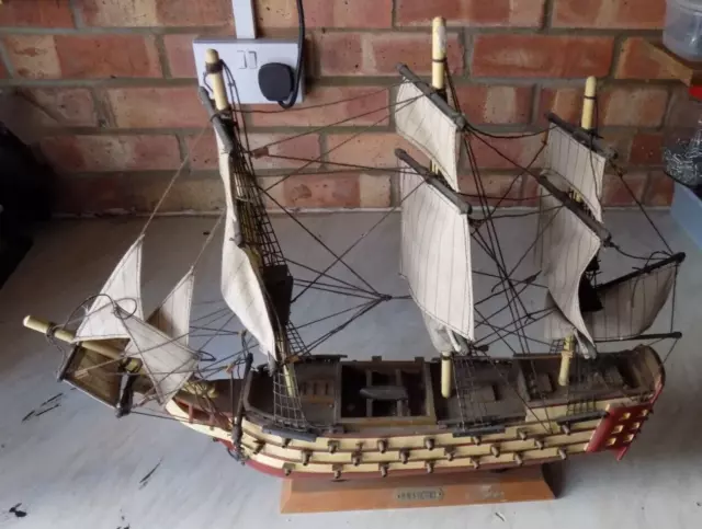 Vintage HMS Victory Model Wooden Military Sailing Battle Ship Galleon On Base