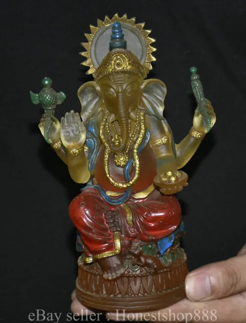 6.8" Marked Old Tibet Paintings Glaze 4 Arms Ganesha Elephant God Buddha Statue