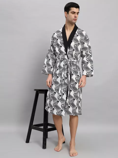 Lusso Zebra Stampato Boho Vestaglia Uomo Riposo Cotone Accappatoio Abito da Sera 2