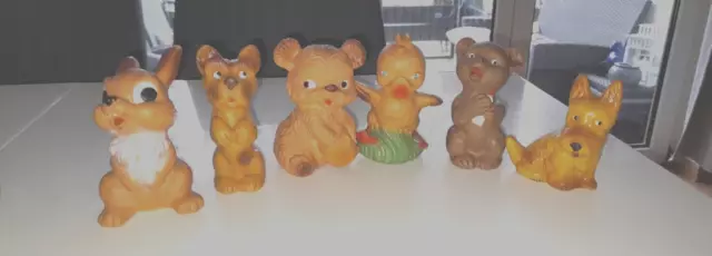 6 x DDR Baby - Quietschfiguren Höhe um 11 cm Hund, Bär, Hase, Küken