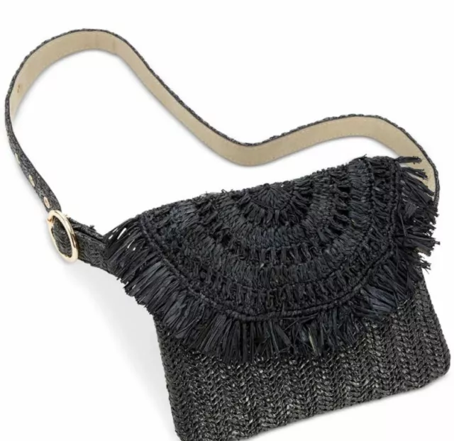 INC Small Black Woven Straw Convertible Belt Bag Sling Purse Fanny Pack NWT