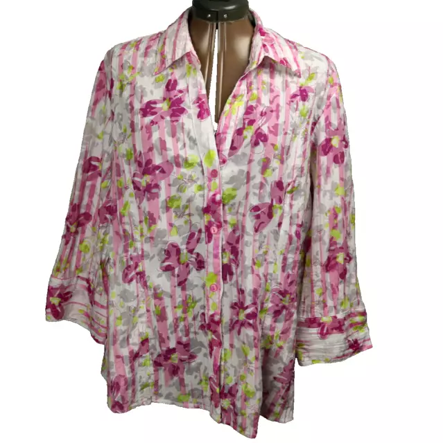 Blair Striped Floral Burnout 3/4 Sleeve Button Up Shirt Pink White Green XL