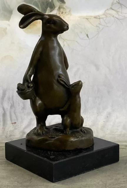 Fait Pâques Lapin Et Bébé Bronze Sculpture Marbre Figurine Base Œuvre