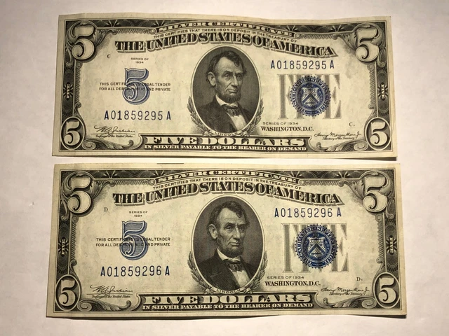 2 CONSECUTIVE 1934 $5 blue seal silver certificates FR1650. #ed155