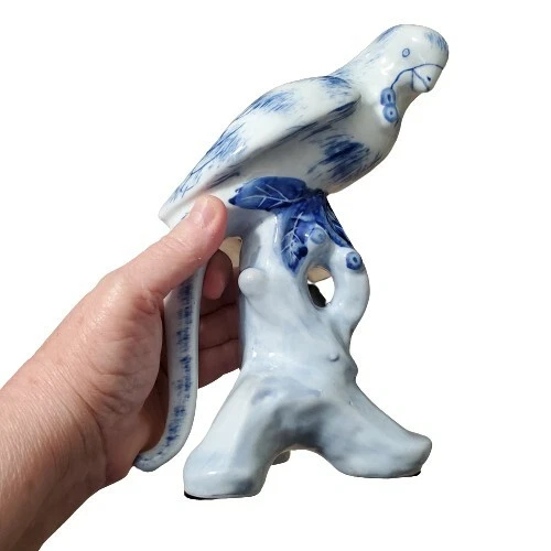 Ceramic Asain Parrot  Perched On Branch  Blue and White Parrot 8"
