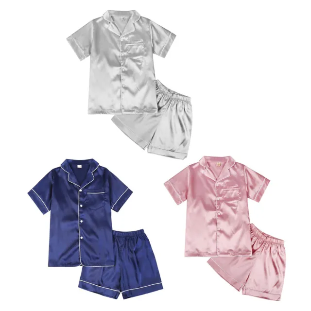 Kids Girls Boys Silk Pajamas Set Two-Piece Loungewear Short-Sleeve PJs Sleepwear