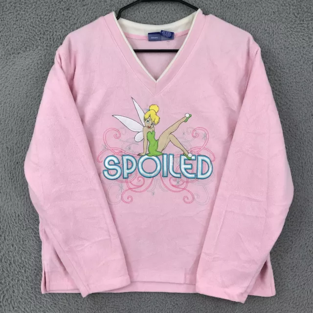 DISNEY SWEATER WOMENS Large Pink Thinkerbell Spoiled V-Neck Long Sleeve ...