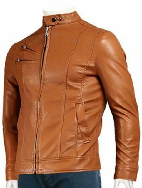 Giacca in Pelle da Uomo Moto Marrone Slim fit Biker Giacca in vera pelle di...