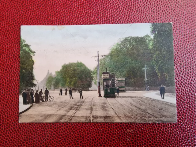 Old Trams On Grosvenor Road, Chester. Vintage Printed Postcard 1907