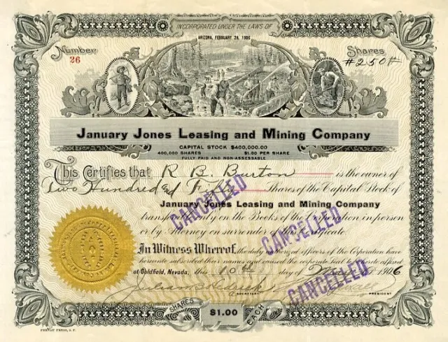 1906 January Jones Leasing & Mining Stock Certificate