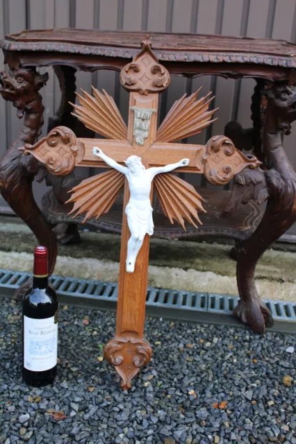 Antique Belgian wood carved crucifix bisque porcelain corpus christ rare church