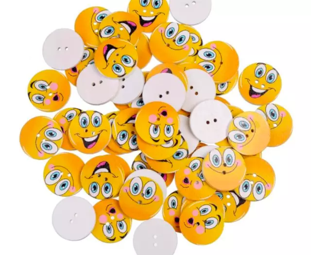 20 bunte Holzknöpfe - Smiley - 25mm 2-Loch Knöpfe Kinderkleidung annähen basteln