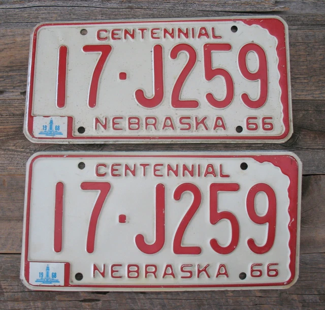 1966 Nebraska Centennial License Plate Pair 1967 1968 Ford Mustang Chevy Rat Rod