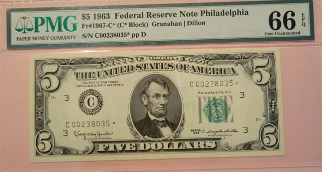 1963 $5 Fr#1967-C* Federal Reserve Star Note PMG 66EPQ GEM UNCIRCULATED