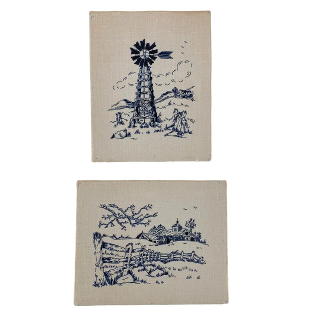 Par de muestreadores de núcleo de granja bordado azul cerca de molino de viento 8X10