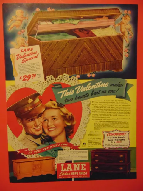 1943 LANE CEDAR HOPE CHEST Two Hearts Beat As One Valentine photo art print ad