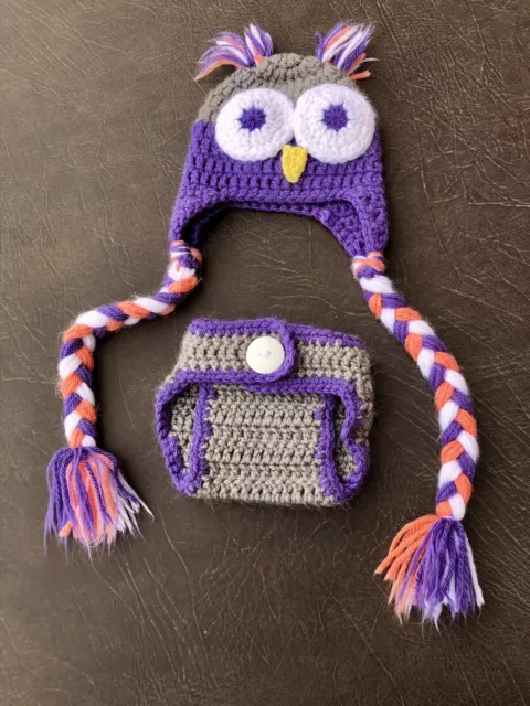 Handmade Crochet Newborn Baby Owl Hat & Diaper Cover Photo Prop Purple & Orange