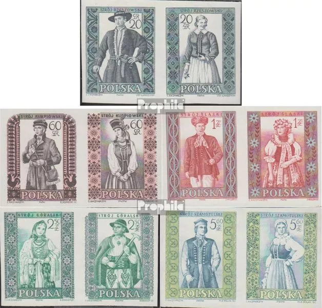 Briefmarken Polen 1959 Mi 1138B-1147B Paare gestempelt Brauchtum, Trachten