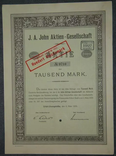 J. A. John Aktien-Gesellschaft 1923 1000 Mark