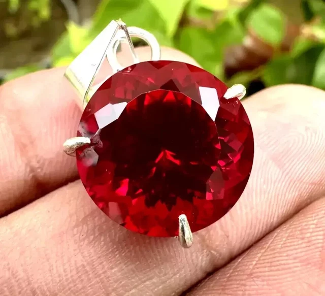 Pendentif Collier En Argent 925 Plaqué Or Avec Rubis Naturel Rouge - Fait Main, Style Art Nouveau, 10x12mm