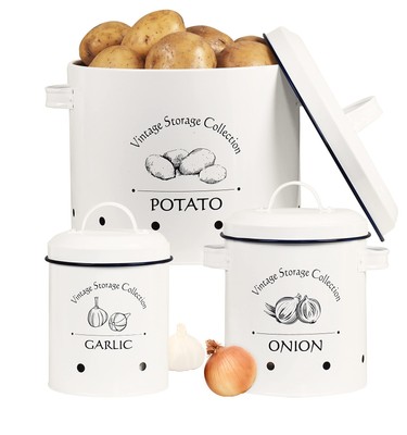 Set di contenitori per patate Granrosi cipolla e aglio in design vintage per una conservazione elegante e una lunga durata. 