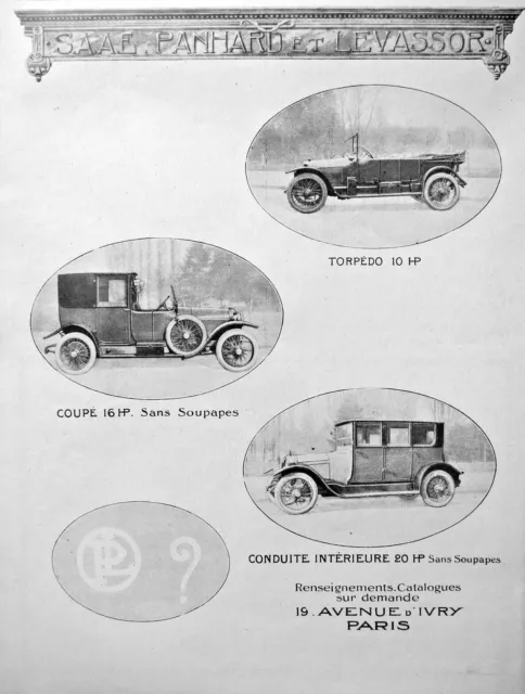Publicité De Presse 1919 Automobiles Panhard Et Levassor Torpédo Coupé 16 Hp