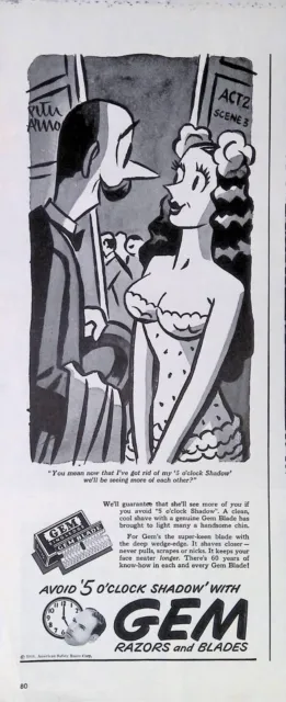 Vintage Print Ad 1940's Gem Razors Peter Arno Art Actor Buxom Actress Cleavage