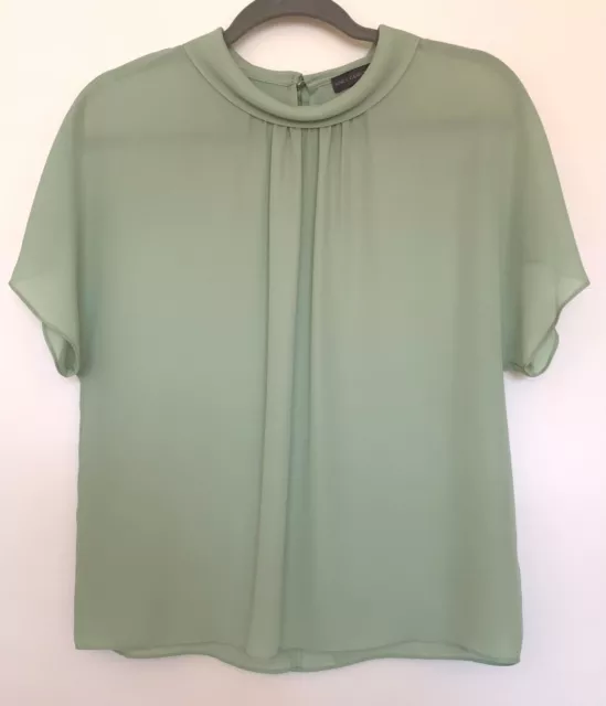 VINCE CAMUTO Womens Small Short SleeveTop Blouse Light Green Pleat Detail Collar