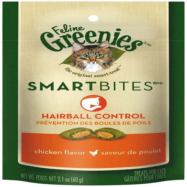 Greenies FELINE SMARTBITES bola de pelo control sabor pollo golosina gato 2,1 oz