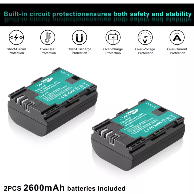 2x LP-E6 LP-E6N Battery For Canon EOS 90D 60D 5DS 6D II 70D 80D + Dual Charger 3