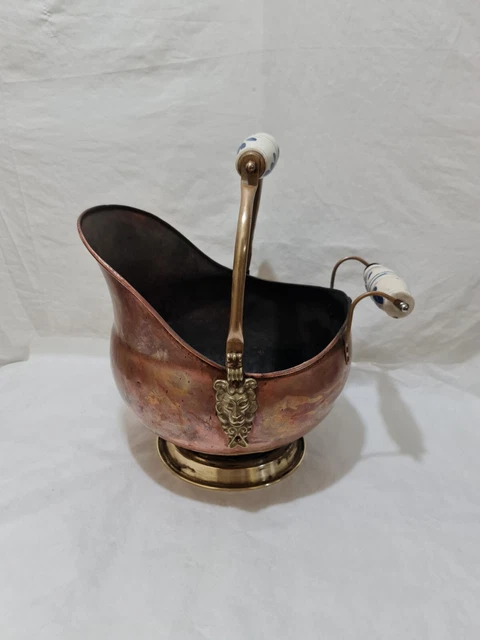 Vintage   Copper &brass with   porcelain handles  Coal Bucket Good Condition