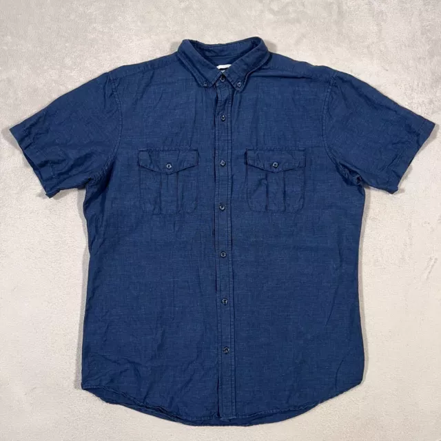 Old Navy Shirt Mens Large Blue Short Sleeve Button Up Linen Cotton Blend Casual