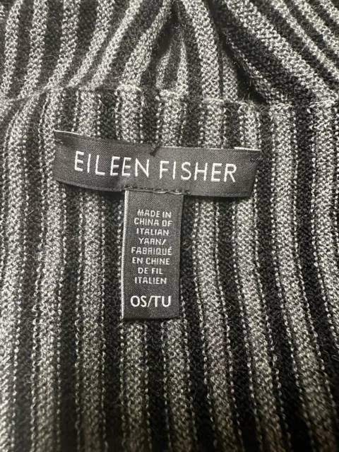 Eileen Fisher Poncho Topper Shaw Wrap 100% Merino Wool Black & Grey Striped OS 2