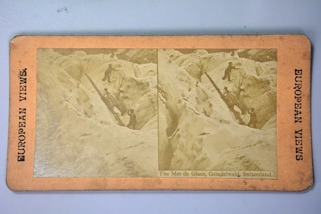 3D Stereoscopic Stereo View Photograph Card, Mountain Climbers Grindelwald Swiss