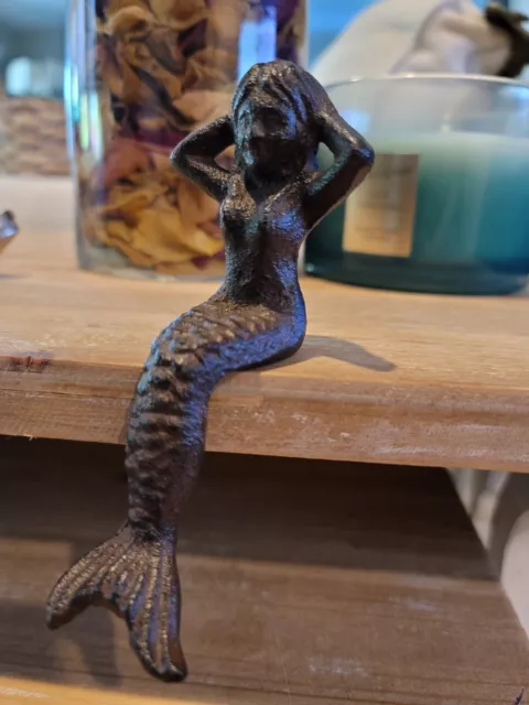 Sitting Mermaid Figurine Rustic Brown Cast Iron Nautical Repro Shelf Sitter