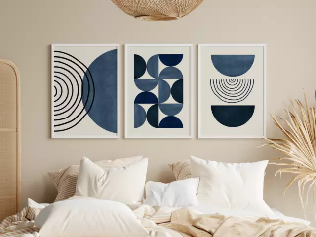 Navy blue colour boho style set of 3 prints with, mid century modern shapes art