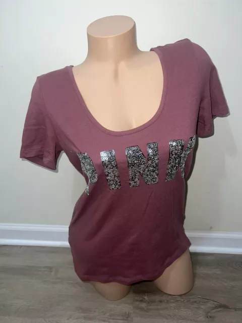 RARE Pink  Victoria’s Secret bling Sequin logo T-Shirt Top Tee Small