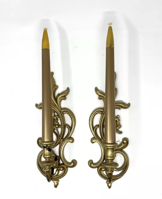 Vtg Pair Syroco Gold WITH Plastic Gas Candles Wall Sconce Hollywood Regency MCM