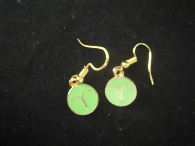 Gold Aries ram sign on round neon green enamel GP earrings